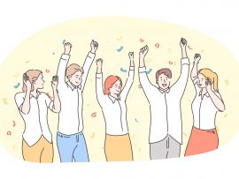 Party, having fun, celebration, holiday concept. Group of happy smiling people friends teens dancing, celebrating holiday and feeling excited with hands raised up together. Fun, win, victory, team