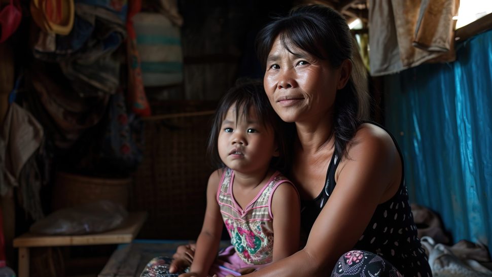 Realistic photograph of a mother and her daughter sitting together, their expressions wistful and dreamy, as they imagine a beautiful house. The image captures a tender moment between them, surrounded by a modest, perhaps cramped living space that contrasts sharply with their dream. The setting suggests a longing for better living conditions, with subtle details in the background hinting at their current struggles. This scene conveys hope and aspiration, despite challenging circumstances. Analog style, 35mm, high quality and detail. --ar 3:2 --v 6 Job ID: 0ba3e592-43b4-4fe4-8315-555e7dc5a453