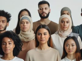 A group portrait of diverse individuals from various cultural backgrounds, all looking directly at the camera with a sense of unity and togetherness.