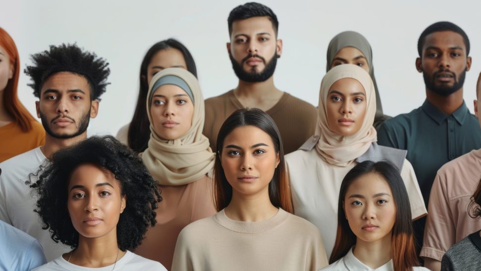 A group portrait of diverse individuals from various cultural backgrounds, all looking directly at the camera with a sense of unity and togetherness.
